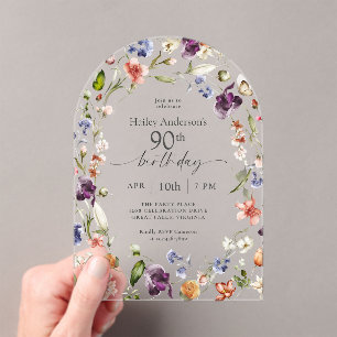 Garden Flowers Botanical Script 90th Birthday Acrylic Invitations