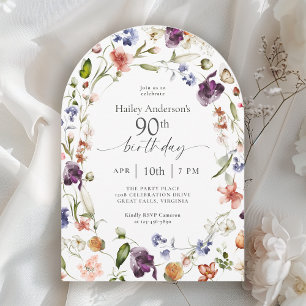 Garden Flowers Botanical Script 90th Birthday Invitation