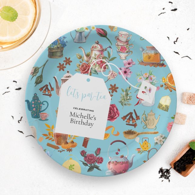 Garden Flowers Chic Blue Tea Birthday Party Paper Plate (Creator Uploaded)