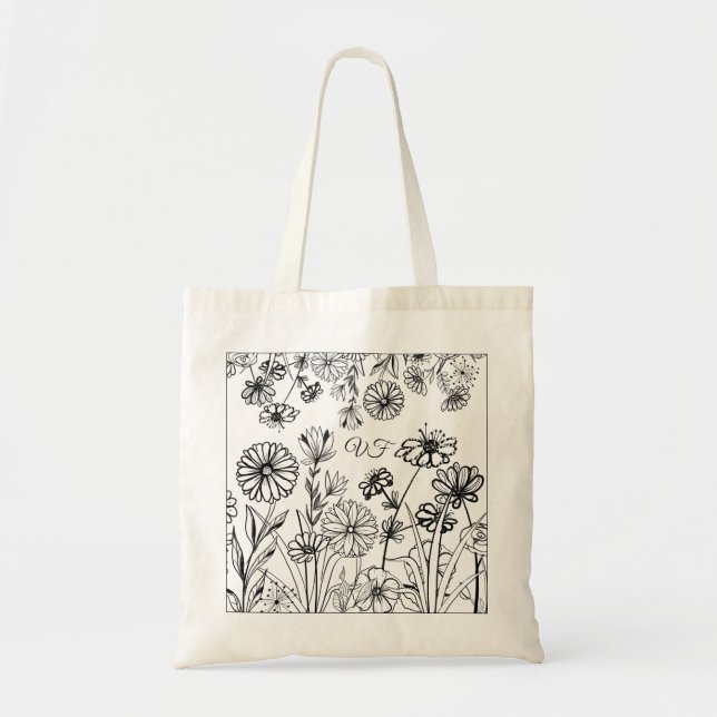Garden flowers daisies , roses boho tote bag (Front)