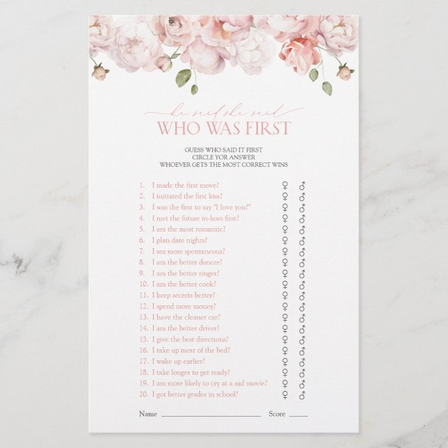 Garden Flowers He Said She Said Pink Shower Game (Front)