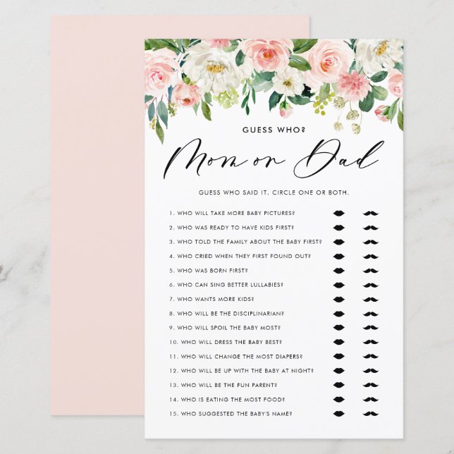 Garden Flowers Mum or Dad Baby Shower Game (Front/Back)