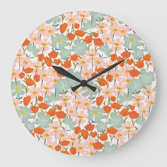 Garden flowers: pink, orange seamless large clock (Front)