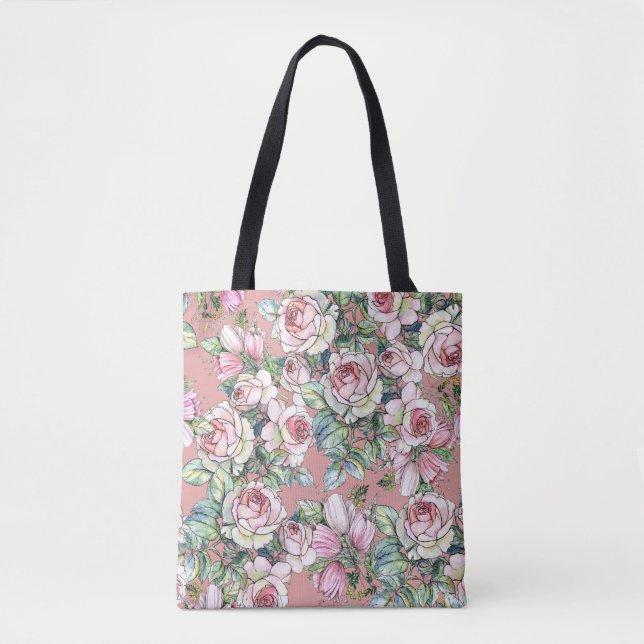 Garden flowers rose with tulips painted in waterco tote bag (Front)