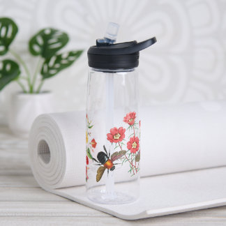 Garden Flowers Water Bottle, Bee, Vintage Floral Water Bottle
