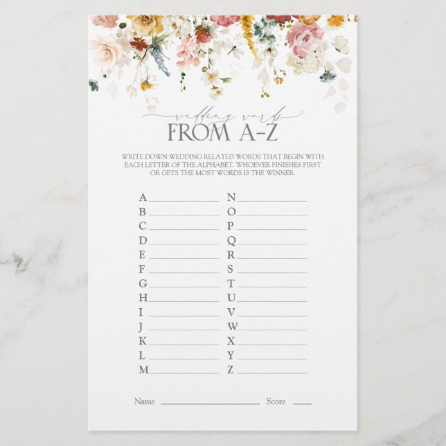 Garden Flowers Watercolor Bridal Shower Game (Front)