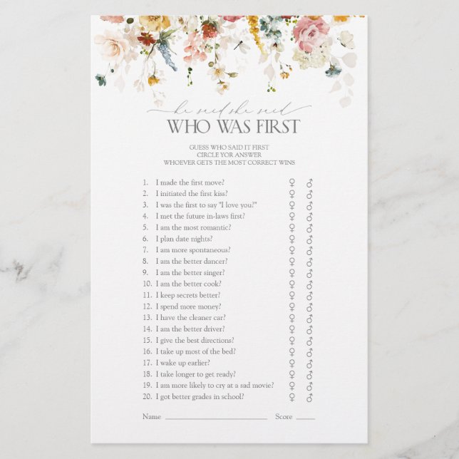 Garden Flowers Watercolor Bridal Shower Game (Front)