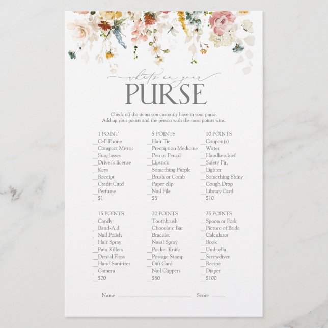 Garden Flowers Watercolor Bridal Shower Game (Front)