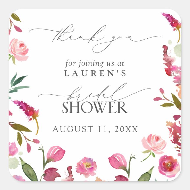 Garden Flowers Watercolor Bridal Shower Thank You Square Sticker (Front)