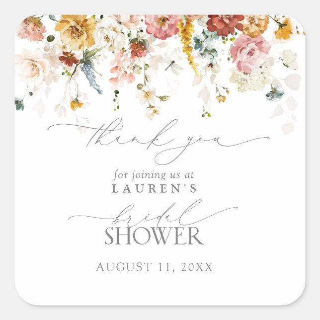 Garden Flowers Watercolor Bridal Shower Thank You Square Sticker (Front)