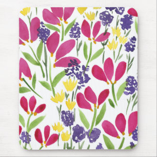 Garden Flowers Watercolors Pink Purple Yellow Mouse Mat