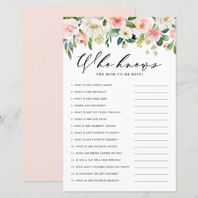 Garden Flowers Who Knows Mum the Best Shower Game (Front/Back)