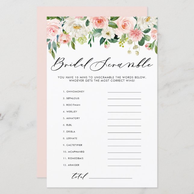 Garden Flowers Word Scramble Bridal Shower Game (Front/Back)