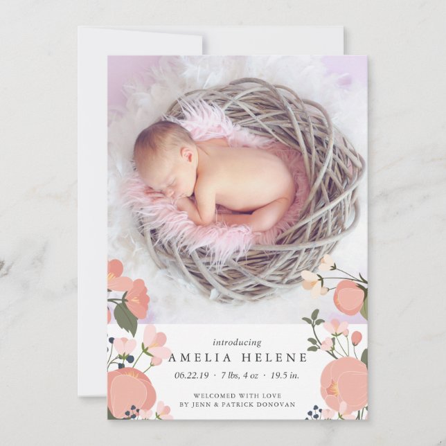Garden Gate | Blush Floral Birth Announcement (Front)