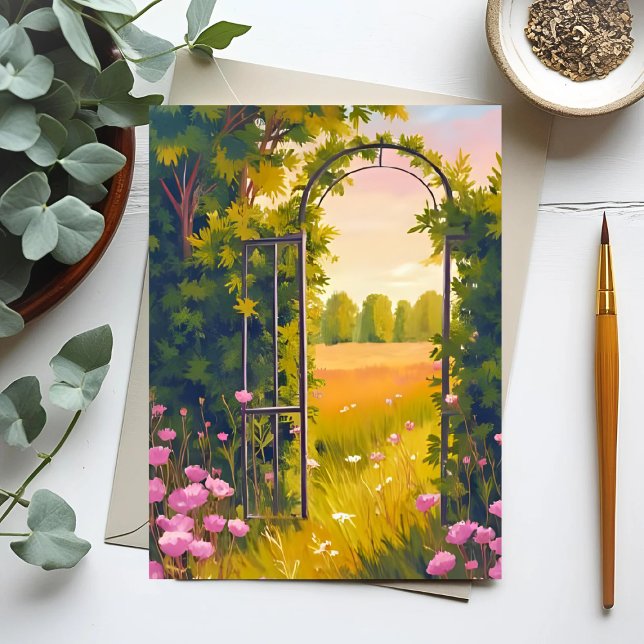 Garden Gate | Pink Flowers Botanical Watercolor Postcard (Creator Uploaded)