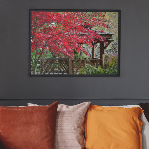 Garden Gazebo and Red Maple Leaves Poster