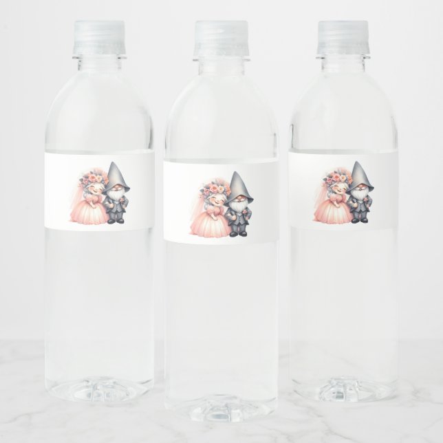 Garden Gnome Bride Groom  Fairytale Rustic Wedding Water Bottle Label (Bottles)