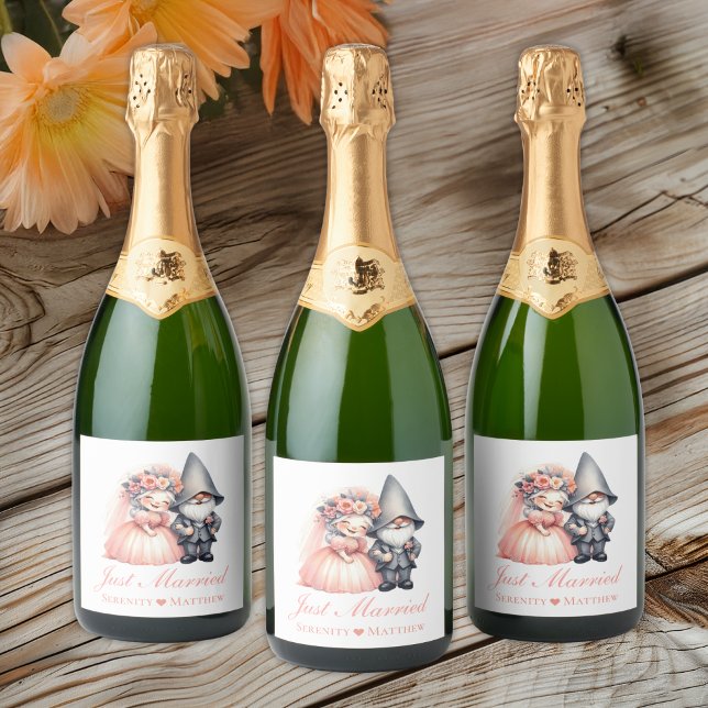 Garden Gnome Fairytale Rustic Wedding Just Married Sparkling Wine Label (Creator Uploaded)