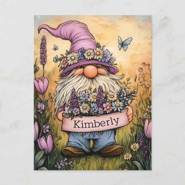 Garden Gnome Illustration with Customizable Banner Postcard (Front)