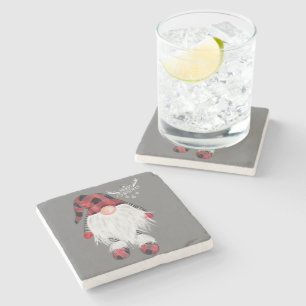 Garden Gnome Merry Christmas Red Buffalo Plaid Paj Stone Coaster