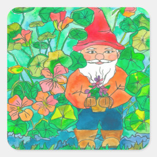 Garden Gnome Nasturtium Flowers Square Sticker