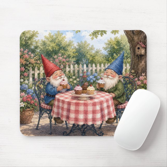 Garden Gnomes Eating Cupcakes Mouse Mat (With Mouse)