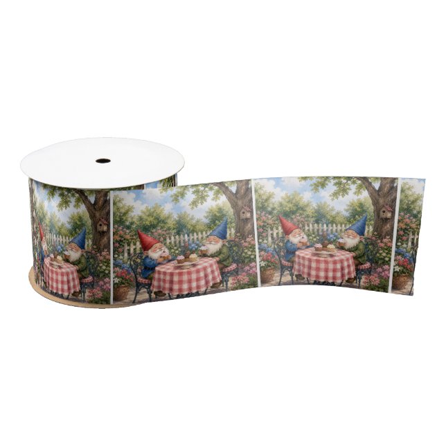Garden Gnomes Eating Cupcakes Satin Ribbon (Spool)