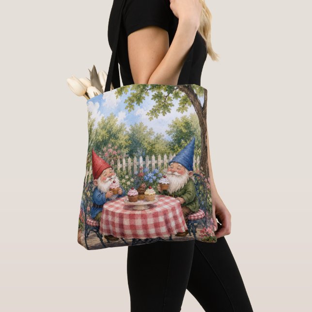 Garden Gnomes Eating Cupcakes Tote Bag (Close Up)