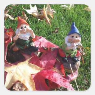 Garden Gnomes in the Yard Fall Red Brown Leaves Square Sticker