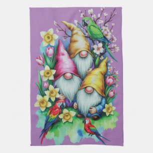 Garden Gnomes with Parrots and Spring Florals Tea Towel