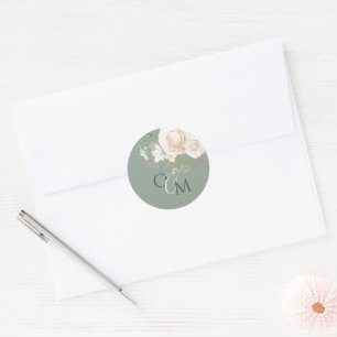 Garden Gold Roses & Sage Green Flower Wedding Classic Round Sticker