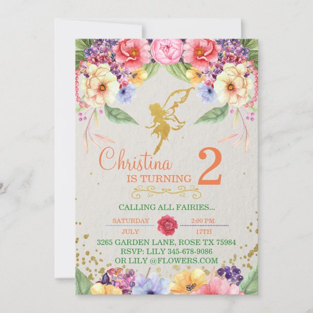 Garden Golden Fairy Birthday or Shower Invitation (Front)