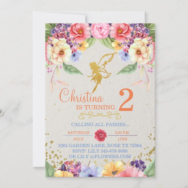 Garden Golden Fairy Birthday or Shower Invitation (Front)