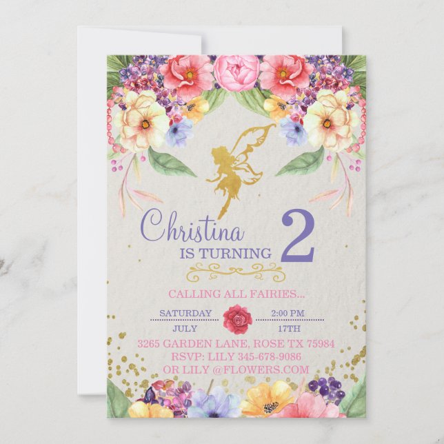 Garden Golden Fairy Birthday or Shower Invitation (Front)