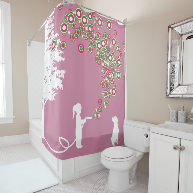 garden graffiti banksy style pink shower curtain (In Situ)