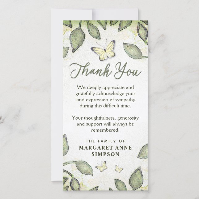 Garden Green Floral Butterfly Sympathy Thank You Card (Front)