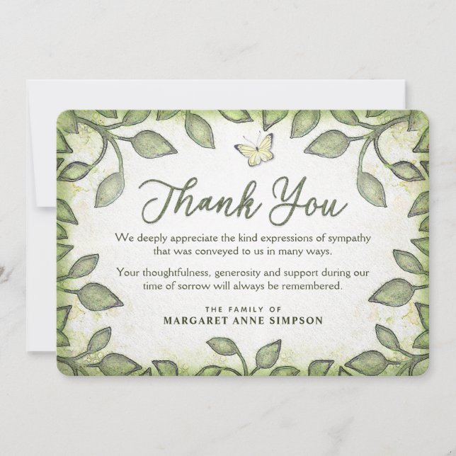 Garden Green Leaves SympathyThank You Butterfly Thank You Card (Front)