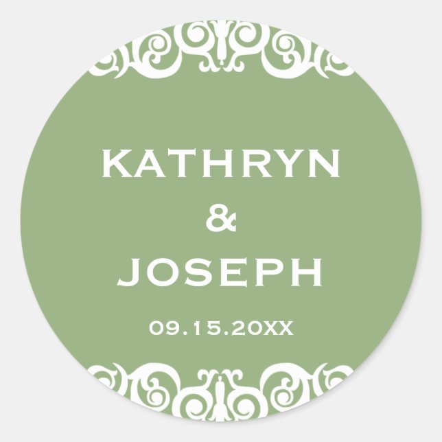 Garden green Victorian scroll wedding favour label (Front)