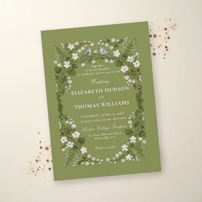 Garden Green White Enchanted Backyard Wedding Invitation (garden wedding invitation hand drawn botanical floral frame birds green and white elegant modern)