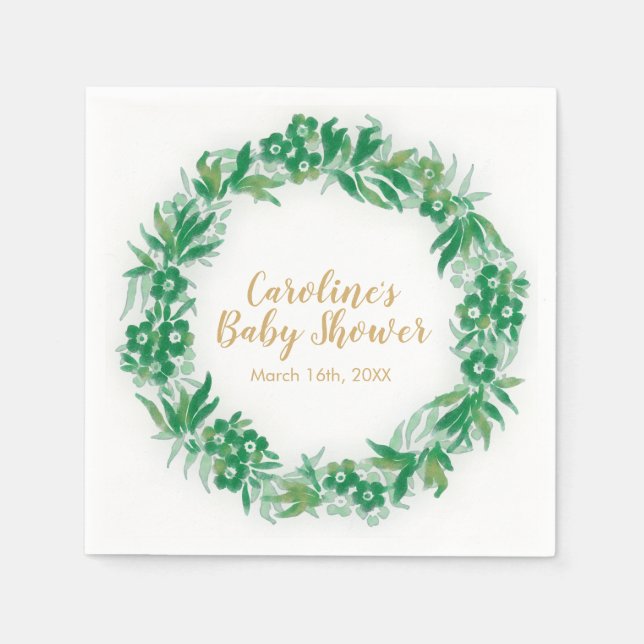 Garden Greenery Baby Shower Napkin green and gold (Front)