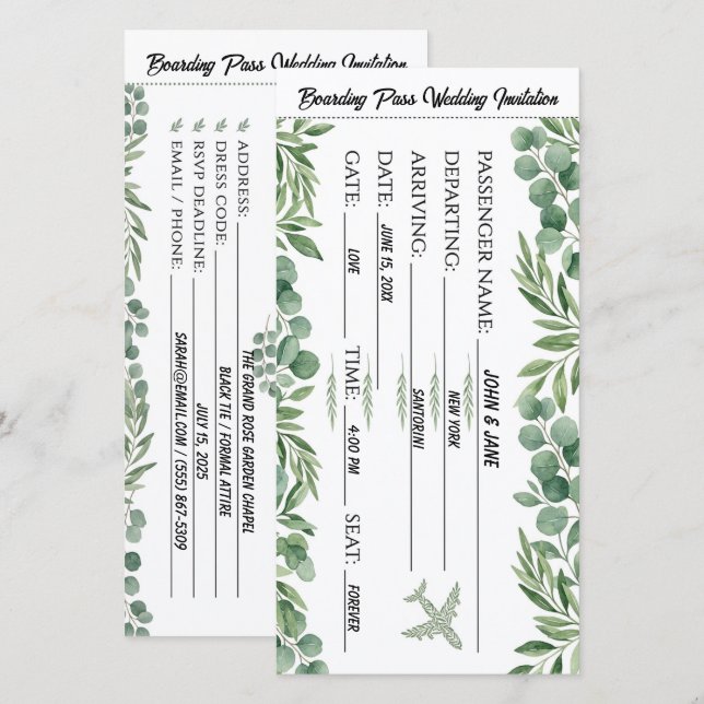 Garden Greenery  Boarding Pass wedding Card (Front/Back)