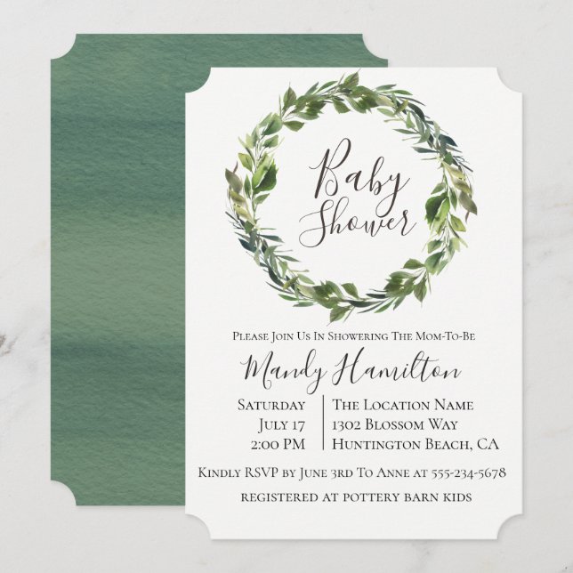Garden Greenery Wreath Baby Shower Invitation (Front/Back)