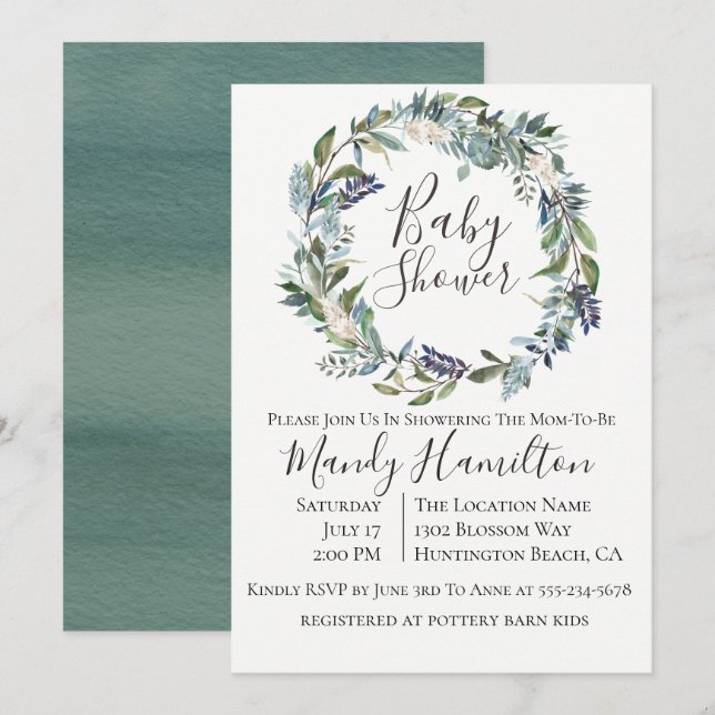 Garden Greenery Wreath Baby Shower Invitation (Front/Back)