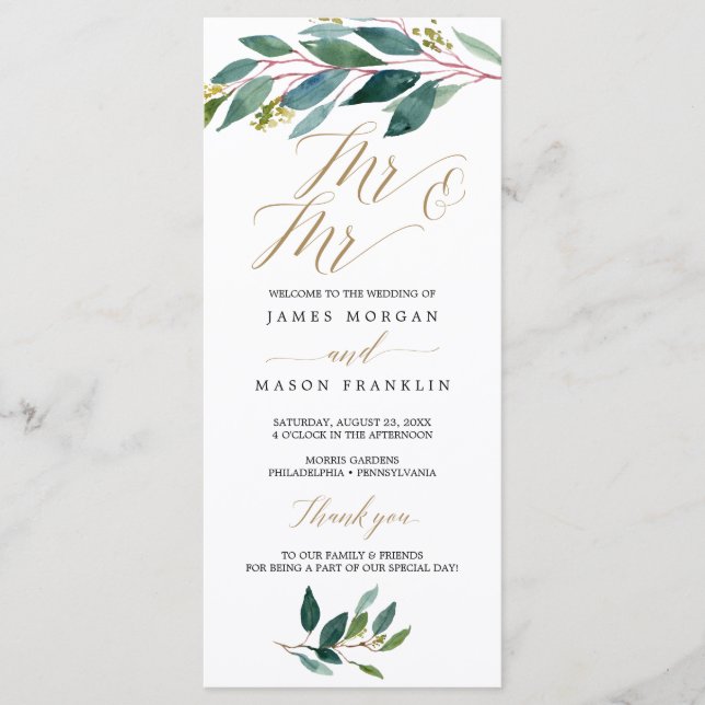 Garden Greens Gay Wedding Program - Mr & Mr Programme (Front)