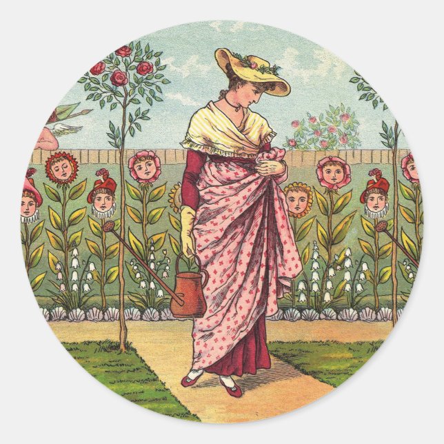 Garden Grow Flower Woman Art Antique Classic Round Sticker (Front)