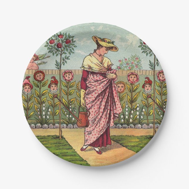 Garden Grow Flower Woman Art Antique Paper Plate (Front)