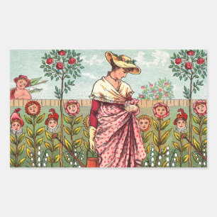 Garden Grow Flower Woman Art Antique Rectangular Sticker