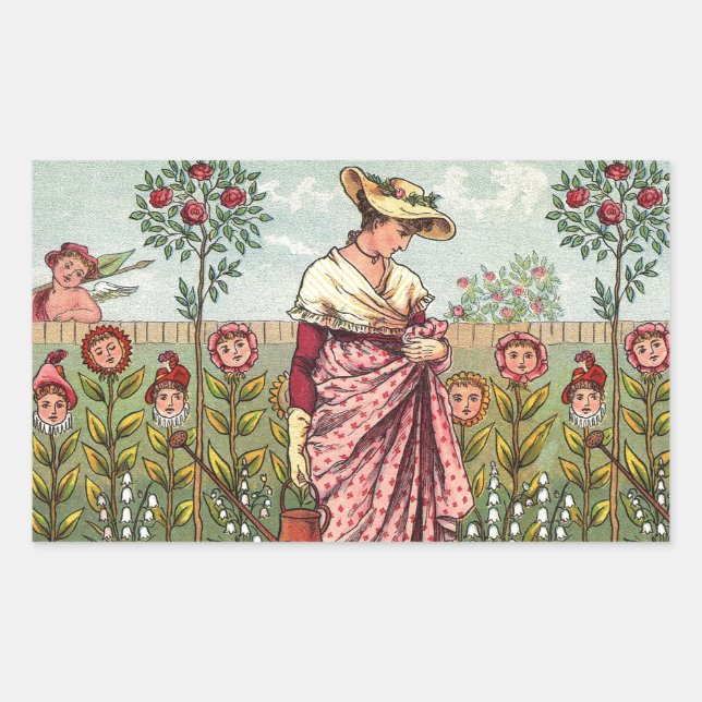 Garden Grow Flower Woman Art Antique Rectangular Sticker (Front)