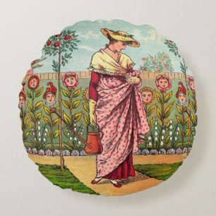 Garden Grow Flower Woman Art Antique Round Cushion