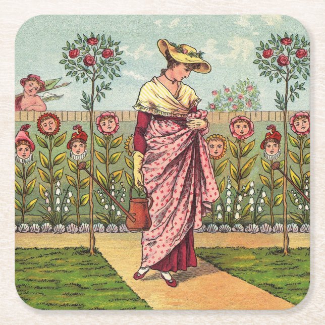 Garden Grow Flower Woman Art Antique Square Paper Coaster (Front)